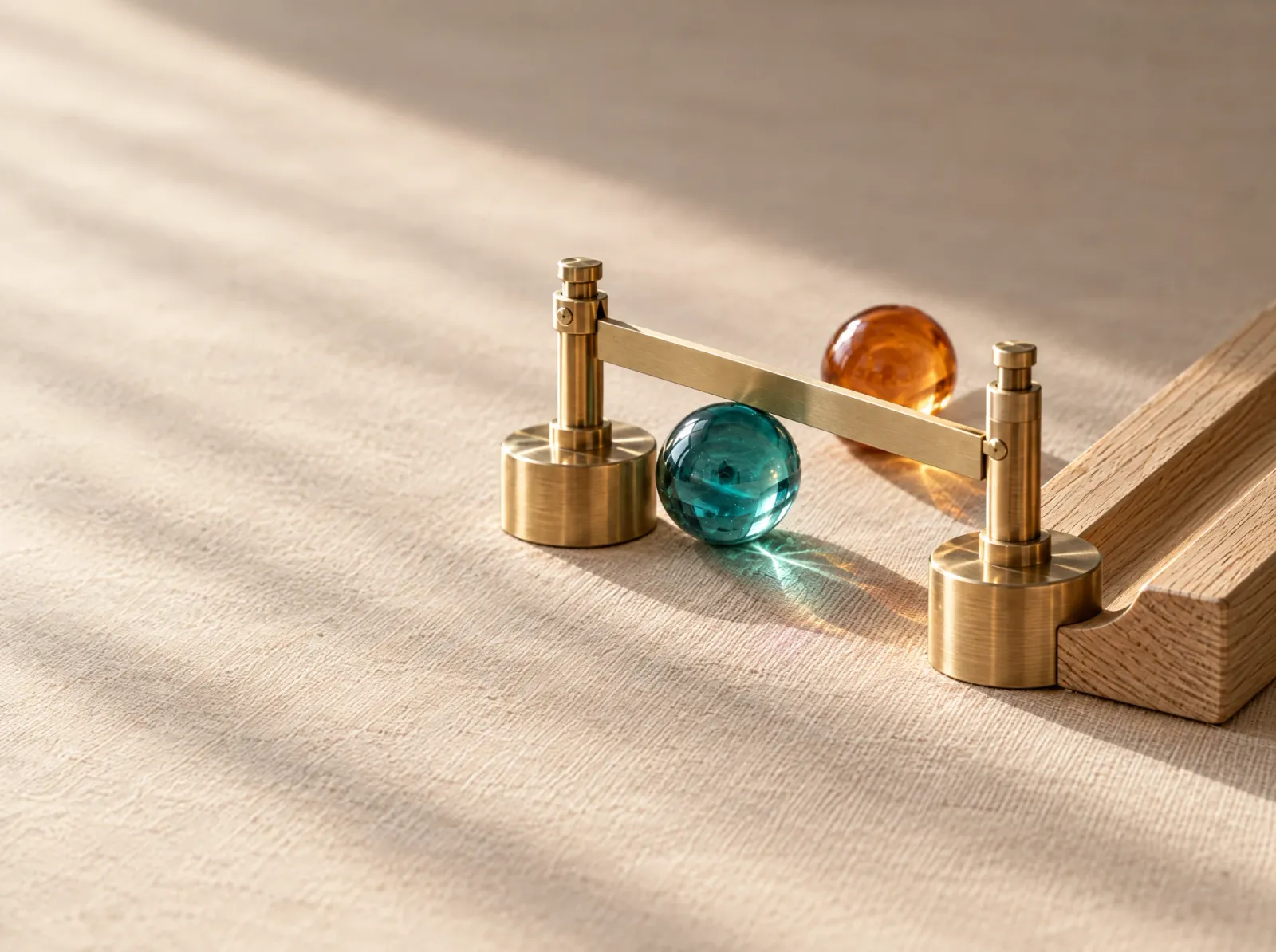 A teal marble stopped against a closed brass gate, with an amber marble held back behind it